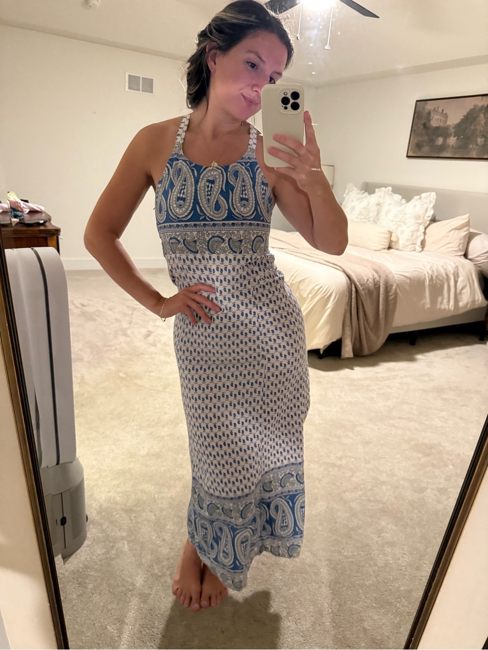 Vintage Indian inspired blue and white patterned 100% cotton halter maxi dress
